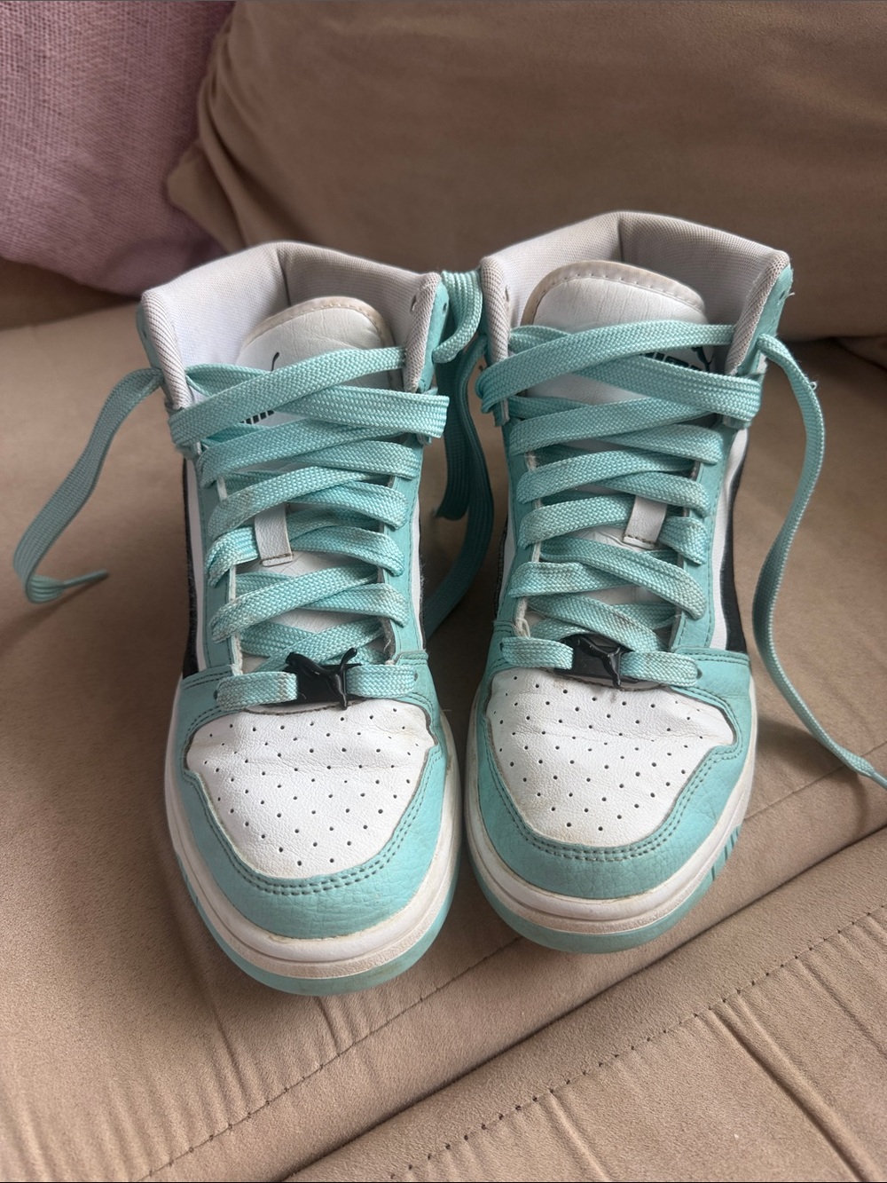 Puma Kids Mint Green and White High-Top Sneakers with Lace-Up Closure